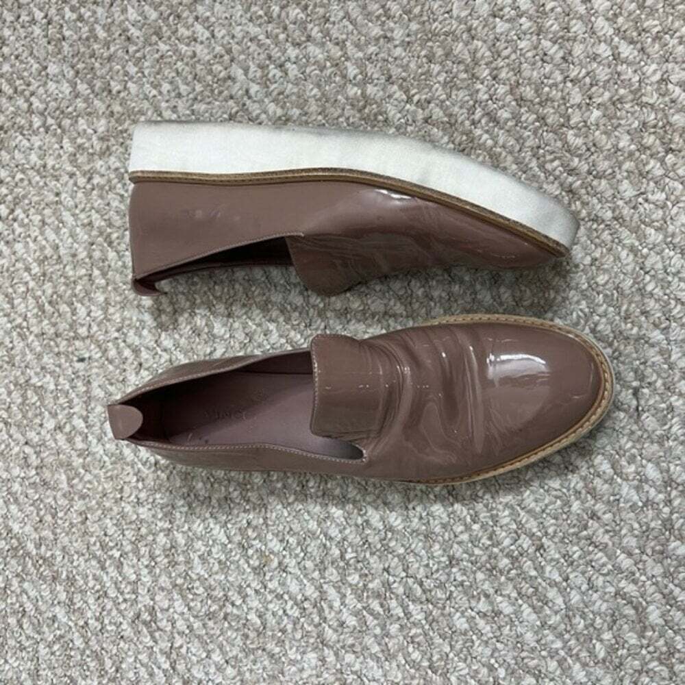 Vince Sanders Neutral Taupe Patent Leather Platform Slip On Loafers Size 10